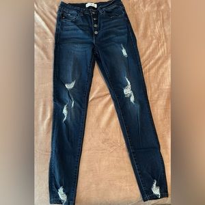 Kancan dark wash, ripped, distressed skinny jeans, button fly, size 28